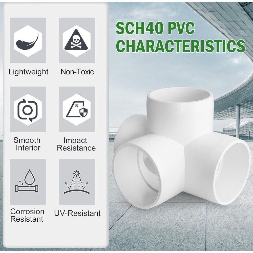 4 Pc - 4 Way PVC Pipe Fittings 2 Inch White PVC Elbow Corner Side Outlet T - Picture 3 of 6
